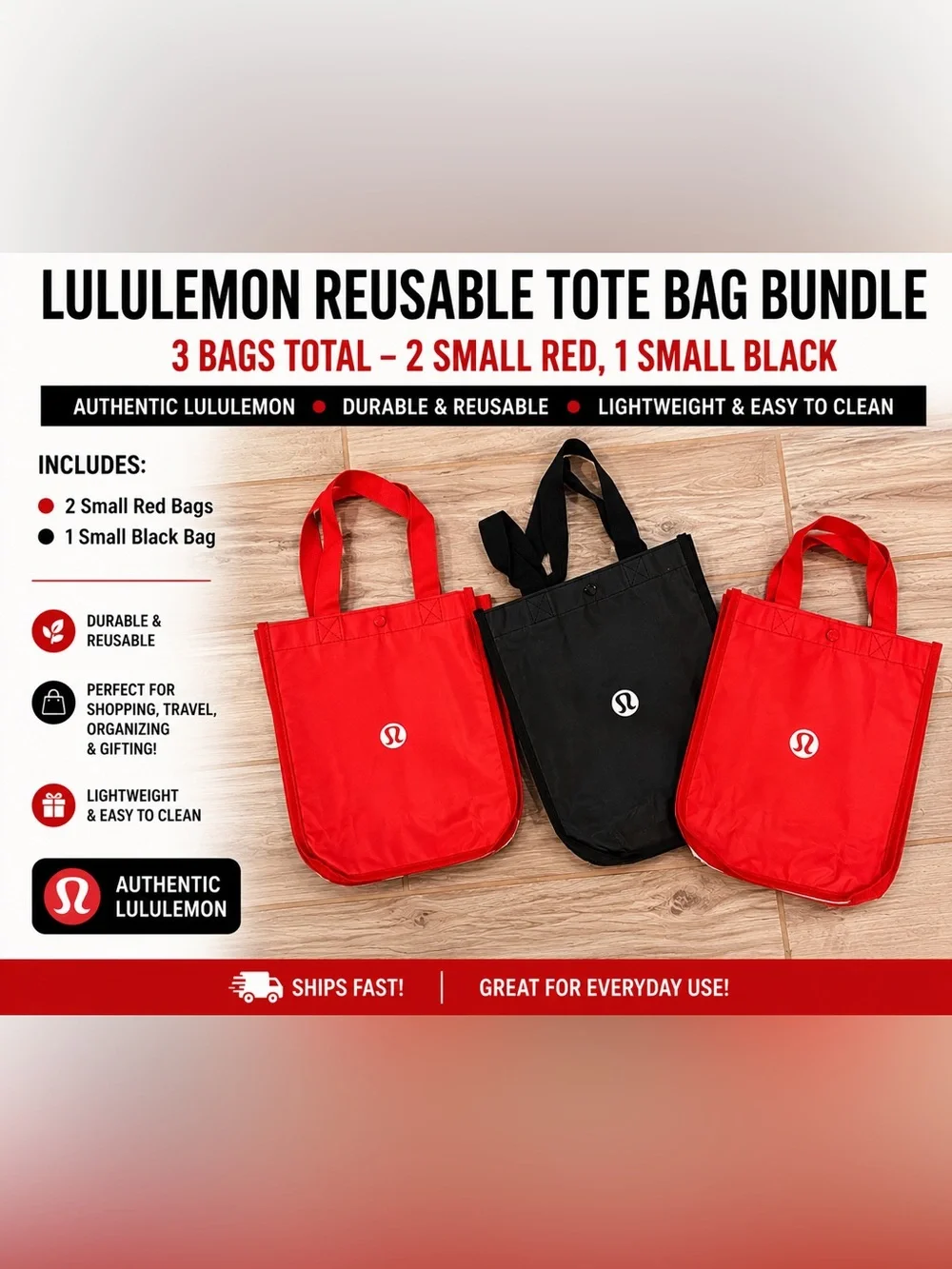 Lululemon Reusable Tote Bag Bundle | 3 Small Bags | 2 Red & 1 Black | Authentic